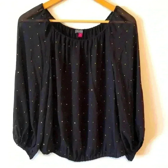 VINCE CAMUTO Sheer Black Balloon Sleeve Rhinestone Blouse - Picture 1 of 5